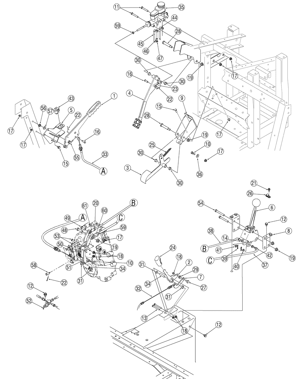 Pedals And Levers Diagram and Parts List for 467 4X4-1B027G-1B028G-37ACD710-After Cub Cadet Lawn Tractor Accessories